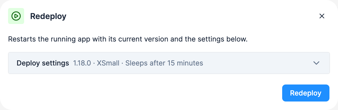 The Redeploy wizard of a running Streamlit app, with Deploy settings collapsed to 1.18.0 · XSmall · Sleeps after 15 minutes